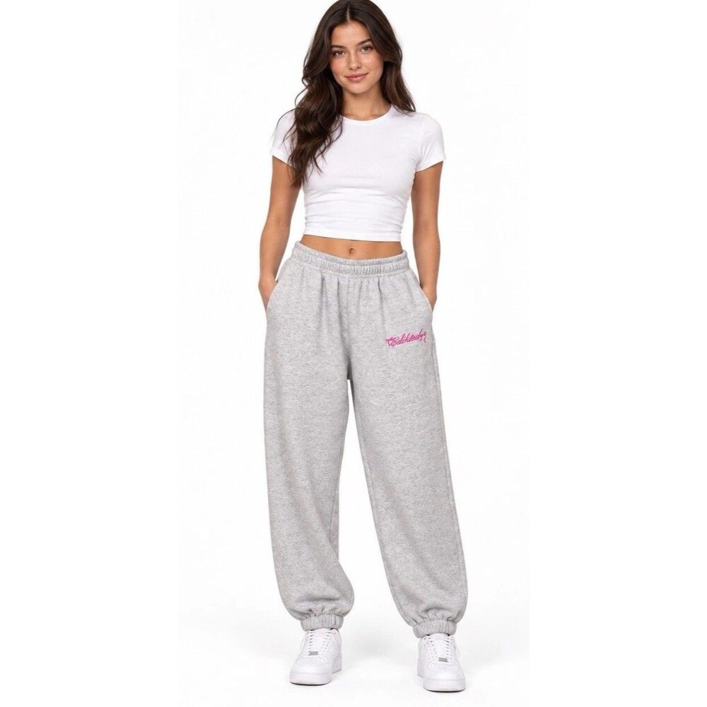 Edikted Women’s XS Gray Pink Logo Sweatpants Fleece Joggers Baggy Y2K Lounge